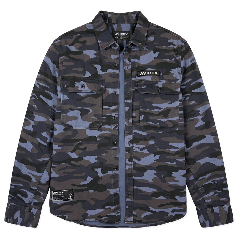 Avirex Blue Camo Men's Large Military Button Front Casual Utility Shirt Shacket